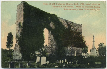 Land given by Thomas Lord Fairfax, this old Lutheran Church was used as barracks during the Revolutionary War. Published by the Williamsport Paper Co. See original for correspondence. (From postcard collection legacy system--Non-WV.)