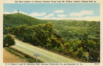 Highest point on U.S. Route 21 and 52, elevation 3,405 feet. Caption on back of postcard reads: "Over this pass at Mt. Walker Lookout, Union Cavalry under Colonel John T. Toland raided to Wytheville to destroy the Virginia and Tennessee Railway (N. &amp; W.) July 1863. Mary Tynes, a girl of the neighborhood, rode ahead to warn the people. When the raiders reached Wytheville they were repulsed by home guards and Toland was killed." Published by Genuine Curteich. (From postcard collection legacy system--Non-WV.)