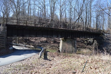 Railroad bridge where Jones Raiders on April 30, 1863 dumped locomotive and cars into Simpson Creek, a tributary of the West Fork River. The raid led by General William E. Jones was intended to interrupt traffic on the Baltimore and Ohio Railroad and deplete Union supplies.