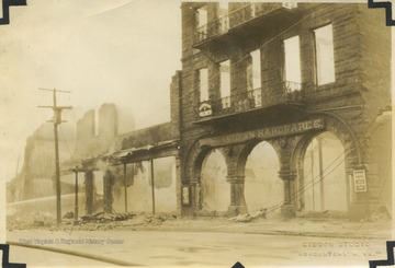Scene of buildings destroyed by fire including the Morgantown Hardware Co. shown to the far right. 