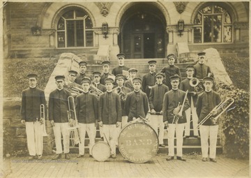 Jr. O.U.A.M. Band in front of the West Virginia University building.
