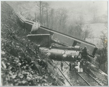 View of the train wreck from above, overlooking the river. 