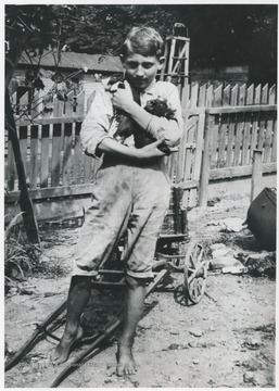 A barefoot boy holding puppies.