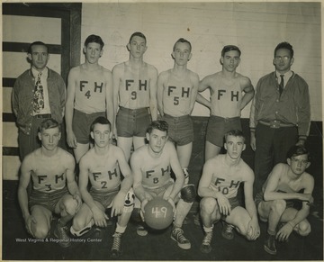 Standing, left to right: Coach Walter Smith, Buster Lilly, Neil Webb, Neil Royers, Bob Fix, Manager Woodrow Brow.  Kneeling, left to right: Bill Shrewsberry, Teddy Royers, Captain Junior Wood, Eddie Lowe, Andy Wood, and Shirley Harris (absent).