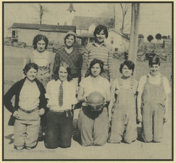First row, left to right: Wanda Cottle Brown, Kathryn Saunders Rogers, Nell Lowery Thompson, Elizabeth Harvey Lowery, Genevive Trail Farley.  Second row, left to right: Madeline Willey Peyton, Glendora Martin Jones, and Lena Campbell Simms.