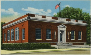 Colored drawing of the government building. Published by Beckley News Co. of Beckley, W. Va.