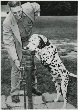 The doctor and his dalmatian, Partner, pictured at the camp located near Hinton, W. Va. Partner was the first of three dalmatians owned by Stokes.  