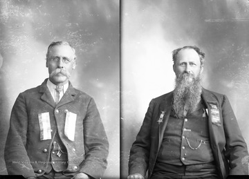 Both men are wearing a ribbon that says "Preston County Soldiers' Reunion July 2, 3, and 4 Kingwood, W. Va.".