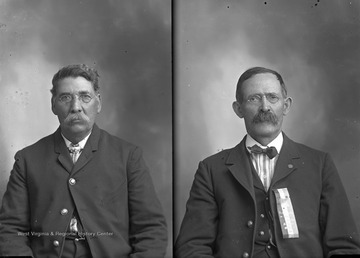 Man on right wears a ribbon that says "Preston County Soldiers' Reunion July 2, 3, and 4 Kingwood, W. Va.".