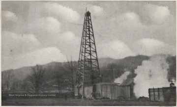 The oil well towers over wooden buildings beneath.Published by H. Gwinn & Co., Green Sulphur Springs, W. Va. See original for correspondence.