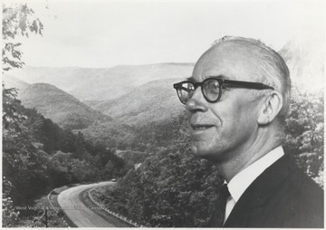 The former congressman pictured in front of a picturesque West Virginia scene. Representative Hechler was also West Virginia Secretary of State and an author. 