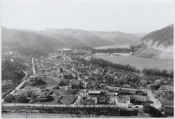 Aerial view of the town. Bluetone River and dam pictured to the right. 