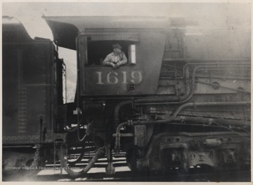 Vernal S. Long pictured in the engine. Long was the engineer on the M-1 Engine No. 500 while making its first run from Clifton Forge, Va. to Hinton, W. Va.