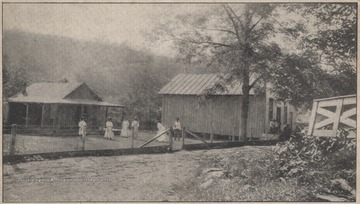 Pictured from left to right is Nellie Carney, Edith Carney, Mrs. Carrie Bennett, Minnie McCoy, Elliot Bennett, and Miss Thompson. The cottage is located near Pence Springs, W. Va.Published by Nonpareil Ptg. & Pub. Co.
