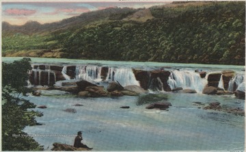 Colored, drawn depiction of the waterfalls along New River.