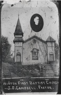 Photograph of a postcard the showed the church building and pastor, J. P. Campbell.