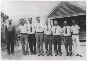 Pictured from left to right is Johnny Neely, unidentified, Luther Meador, Acie Richards, Delbert Neely, Cary Neely, Prince Neely, and Garland Martin.