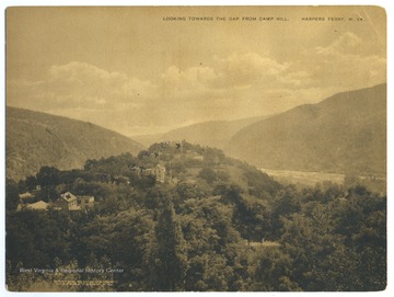 View from Camp Hill, Harpers Ferry, W. Va. showing several buildings on the Storer College campus including 1. Lockwood, 2. Brackett, 3. McDowell Shenandoah (?), 4. Franklin (Cook) House, and  5. Storer College Gym.