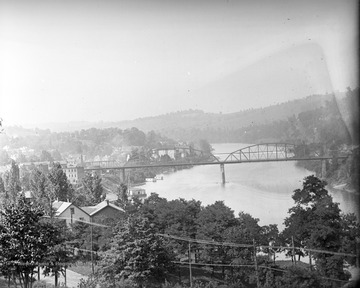 View from hill where Brooks, Armstrong, and Physics (WVU Buildings) are now, toward the River Bridge (after 1907).