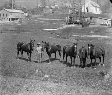 Horses and oil field workers in front of an oil well