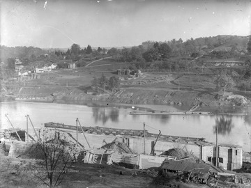 View of construction of lock and dam along Monongahela River.