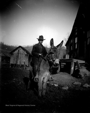 An unidentified boy is pictured riding a mule just outside his family's home.