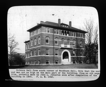 "Science Hall from south corner of Woodburn Hall. Note that the north end was not as high as the main part of the building. From an old negative, probably made by John L. Johnston soon after completion of the building in 1893. F. A. M. 1940."