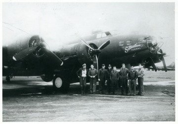 Crew members of the Eighth Air Force B-17 Flying Fortress "Situation Normal" during World War II. Technical Sergeant Kingsley Spitzer of Hardy County, W. Va. is pictured on the far right.