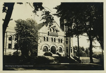 View of the "Old Library" at West Virginia University, Morgantown W. Va. This building is currently named Stewart Hall. It housed the university library until 1931 and later housed administration offices.