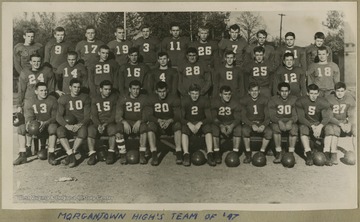 The 1947 football team of Morgantown High pictured for a team portrait.