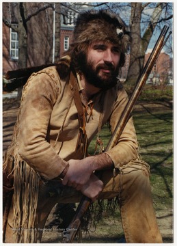 Matthew Zervos is posing outside of Woodburn Circle. Matthew Zervos was West Virginia University's Mountaineer Mascot for the academic year of 1986-1987. 