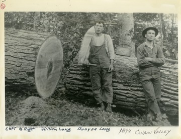 This image is part of the Thompson Family of Canaan Valley Collection. The Thompson family played a large role in the timber industry of Tucker County during the 1800s, and later prospered in the region as farmers, business owners, and prominent members of the Canaan Valley community."Left to right: William Long, Bunyan Long, 1894, Canaan Valley."