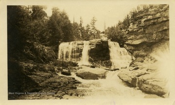 This image is part of the Thompson Family of Canaan Valley Collection. The Thompson family played a large role in the timber industry of Tucker County during the 1800s, and later prospered in the region as farmers, business owners, and prominent members of the Canaan Valley community.Scenic view of Blackwater Falls.