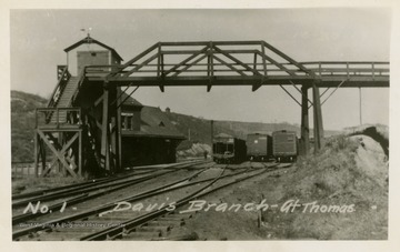 This image is part of the Thompson Family of Canaan Valley Collection. The Thompson family played a large role in the timber industry of Tucker County during the 1800s, and later prospered as farmers, business owners, and prominent members of the Canaan Valley community.View of trains and bridge at Thomas, W. Va.
