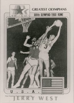A poster features Jerry West as a part of the XVIIth Olympiad in Rome in 1960. West played on the U.S. men's Olympic Basketball Team which won every game.  West won the gold medal