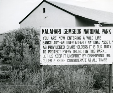 A notice sign located outside the Kalahari Gemsbok National Park (wildlife preserve) in South Africa.  