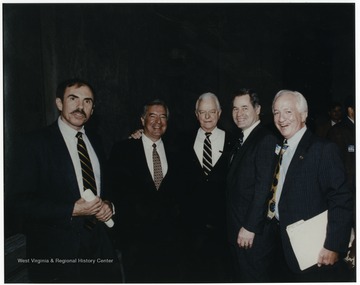 Left to Right:  Governor Robert Wise, Representative Nick Joe Rahall, Senator Robert C. Byrd, Representative Alan Mollohan, and Gary Crayton, President of the West Virginia State Society of Washington, D.C.  