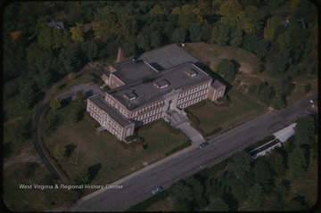 An aerial view of the high school building. 