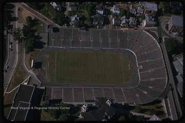 Aerial photograph of West Virginia University's original football stadium. 