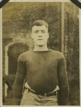 A West Virginia University football player identified as "Brannon" is pictured in his practice gear. 