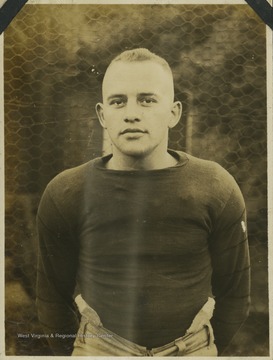 A West Virginia University football player identified as "Hutch" is pictured in his practice gear. 