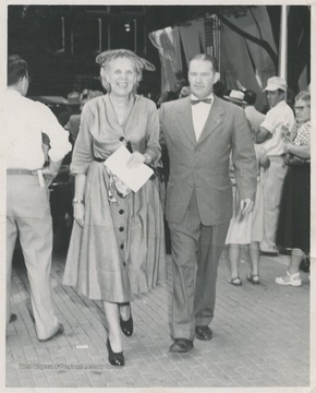 Mrs. White, wife of the Baltimore & Ohio Railroad Company president, is pictured with an unidentified man during the centennial event. 