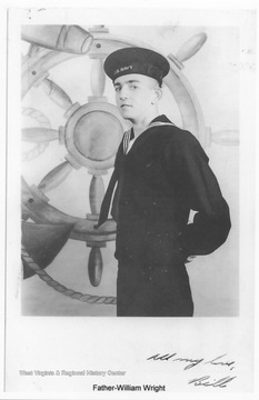 On the photo is a message reading, "All my love, Bill." Photos are from an album belonging to a crew member of the U.S.S. West Virginia.  William Wright, Radio Technician 2C, was on the ship from 1944-45 and saw action at Leyte Gulf, Iwo Jima, and Okinawa. 