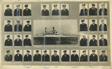 Portraits of the men in the U.S.S. West Virginia's S Division, which handled supply, disbursing, and commissary.  All photos are identified with last name and first initials.  Several of the men are also identified by nickname.  William Hand is at bottom center.