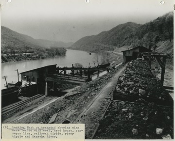 Looking west on the tramroad, carts loaded with coal are pulled on a conveyor line to the railroad and river tipples by the Kanawha River. 