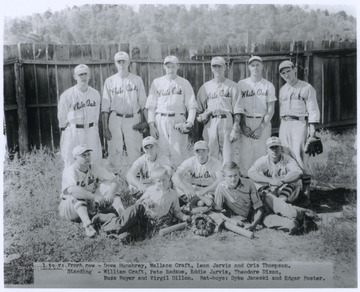 In the front row, from left to right, are Dove Hunohrey, Wallace Craft, Leon Jarvis, and Cris Thompson.Standing, from left to right, are William Craft, Pete Radzue, Eddie Jarvis, Theodore Dixon, Buss Royer, and Virgil Dillon.The "bat-boys" in the forefront of the photograph are Dyke Janeski and Edgar Foster. 