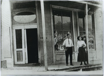 Walter C. Kuhn and Lucy Sapp Hall are pictured outside of the store's entrance, which was owned by pharmacist Fred Murphy.