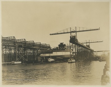 U.S.S. West Virginia in dry dock, likely in Newport News, Va. during construction.  The keel was laid down in April 1920, and the ship was launched in November 1921.
