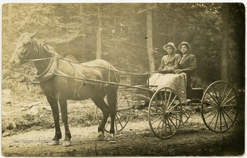 Two unidentified men of the Harper family in a horse drawn wagon.