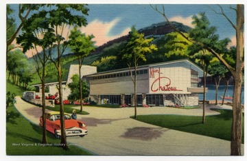 Postcard reads: "A Modern Rustic 55 room Lodge blended into the historic and romantic setting of the "Old Mont" just seven miles from Morgantown and the West Virginia University campus. Reasonable rates, dining room, swimming, horseback riding, boating, hiking, skiing, hunting and fishing."